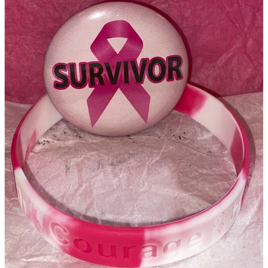 Breast Cancer Awareness Bracelet/Inspirational Button Pin Bundle - Variety Sales Etc.